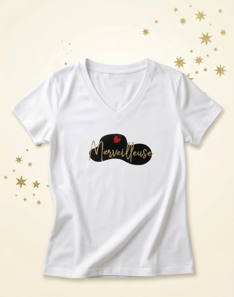 T-shirt blanc col V avec flocage "Merveilleuse" or et noir, création artisanale Aux Belles Idées.