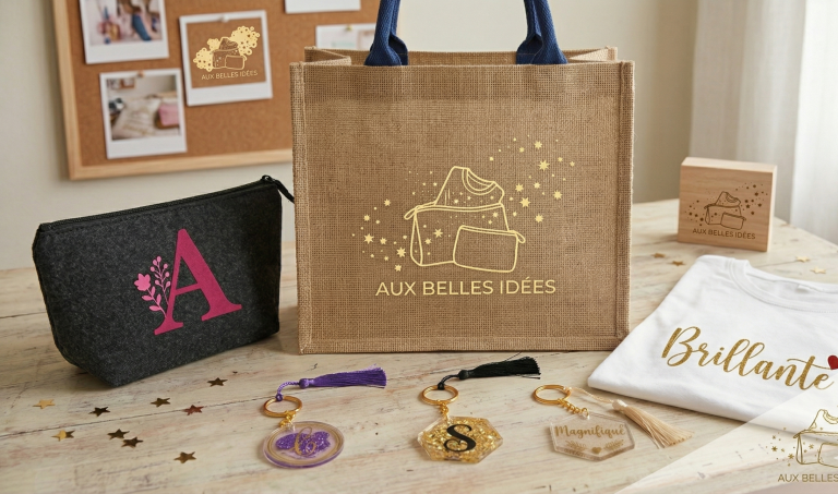 Artisanat Varangéville : sac en jute et t-shirt "Brillante" floqués main par Aux Belles Idées.