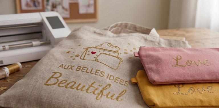Artisanat Varangéville : sac en jute et pochettes floqués main par Aux Belles Idées.