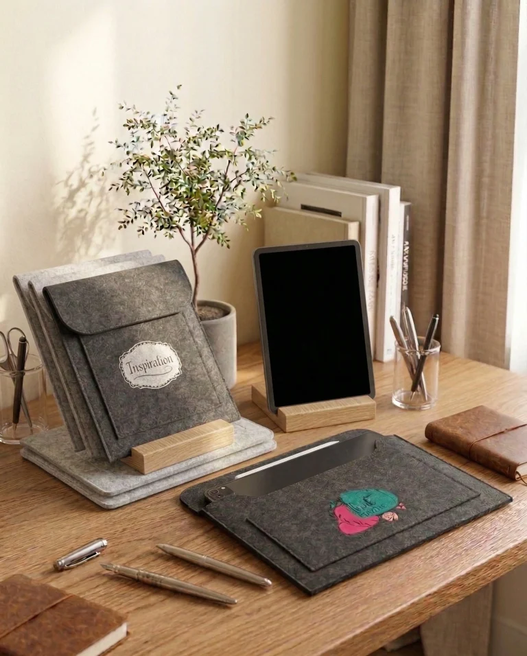 Pochette de protection en feutre gris anthracite pour PC portable et tablette avec motifs Inspiration et Think Positive sur bureau bois.