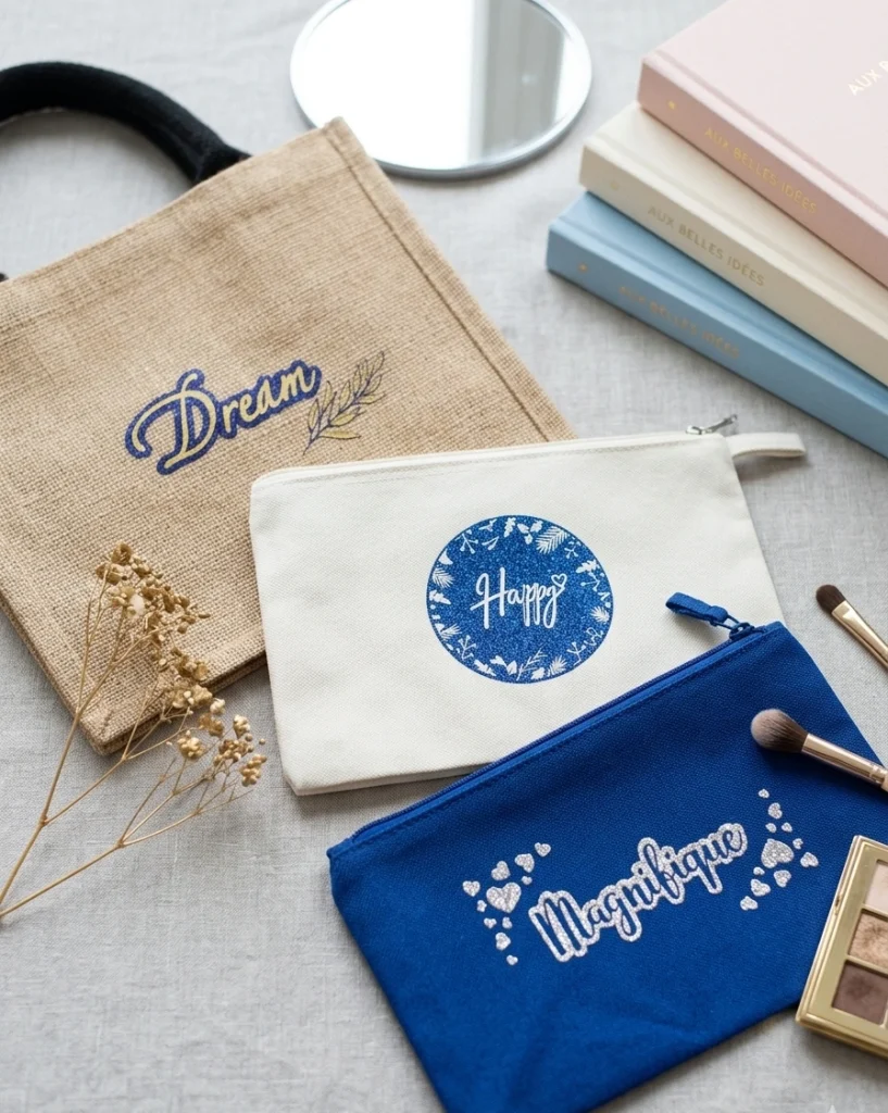 Trio de pochettes personnalisées Aux Belles Idées avec inscriptions pailletées Happy et Magnifique.