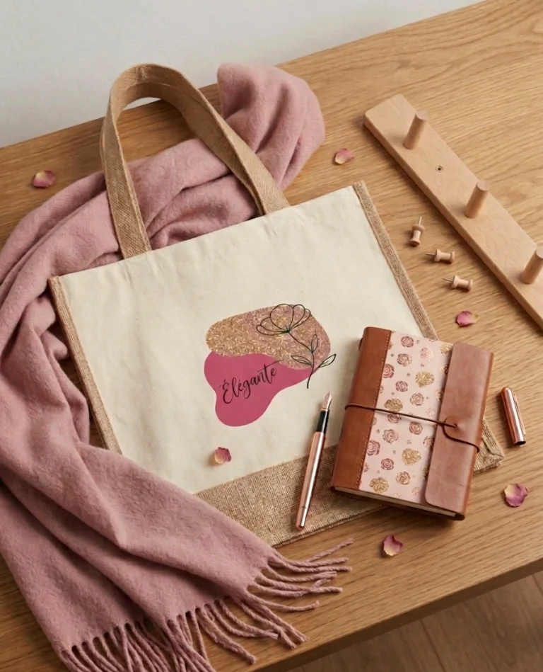 Sac tote bag bi-matière coton crème et jute naturelle avec motif floral rose et texte Élégante suspendu à un portant bois.