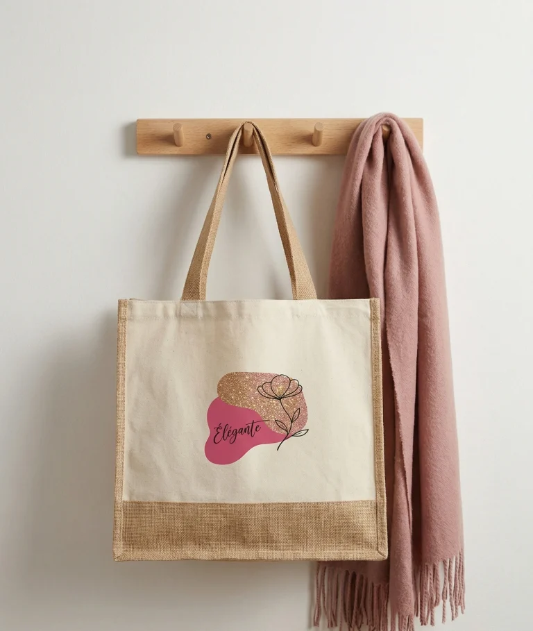 Tote bag coton Élégante fleur rose glitter Aux Belles Idées.