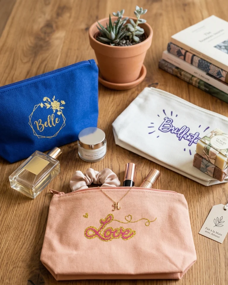Lot de trousses de rangement en coton bleu blanc et rose avec inscriptions pailletées Love Brillante et Beautiful.
