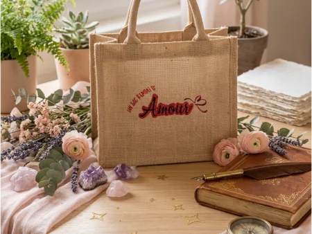 Sac cabas en toile de jute naturelle avec inscription Amour et un petit coeur rouge, Aux Belles Idées.