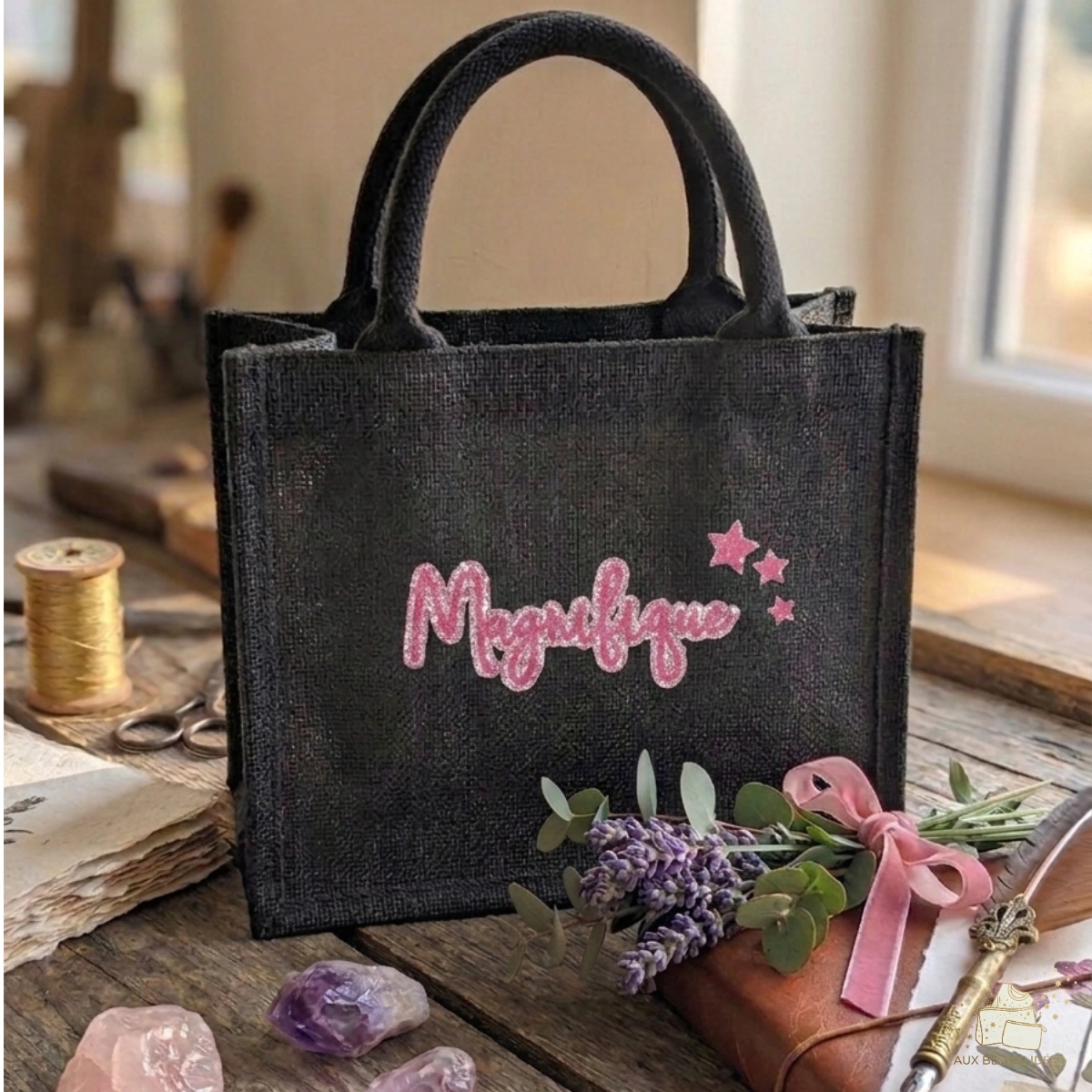 Sac cabas en toile de jute naturelle avec inscription Magnifique et petites étoiles, création Aux Belles Idées.