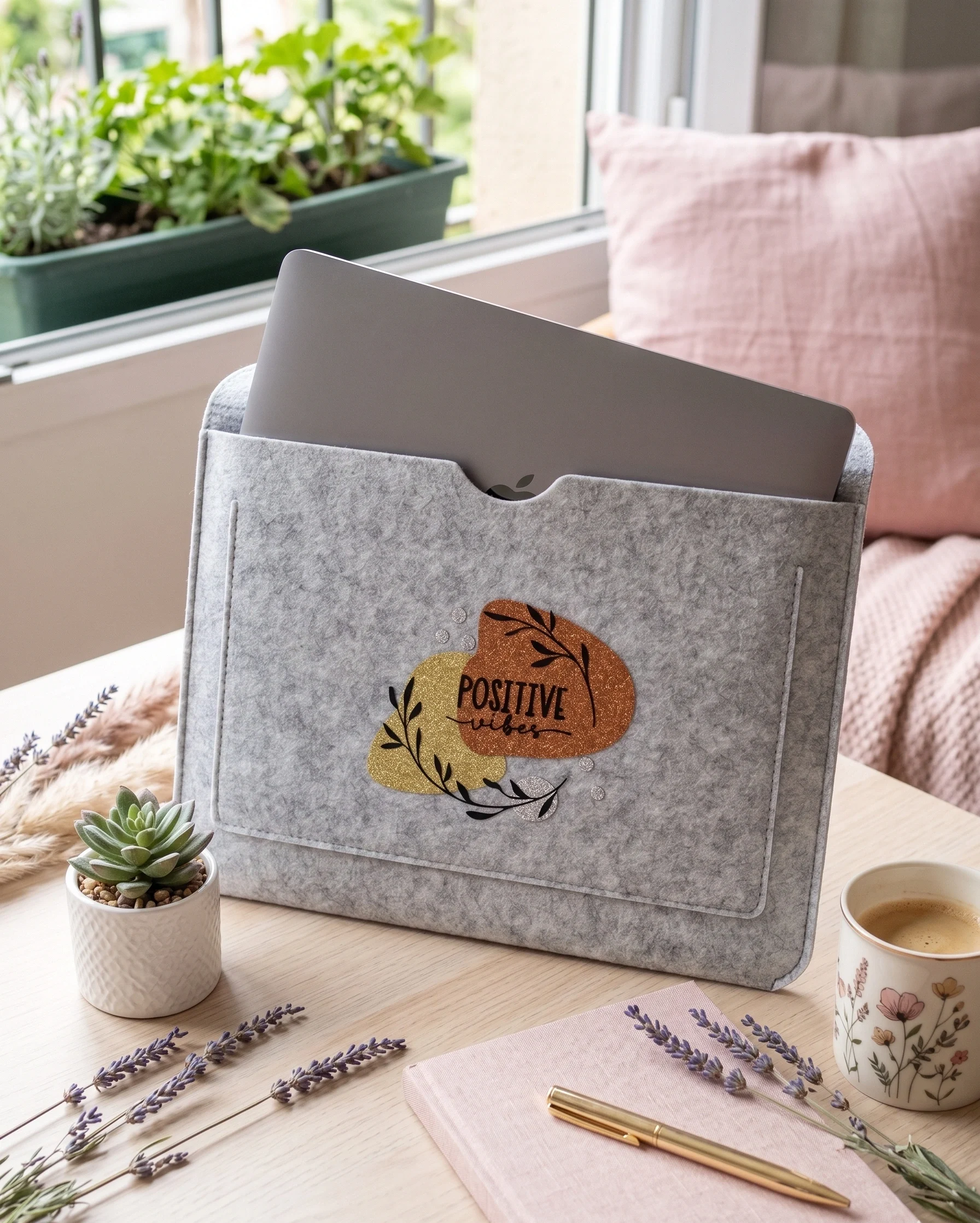 Housse d'ordinateur en feutrine grise avec motif coloré Positive Vibes posée sur un bureau en bois clair avec un PC et une tasse.