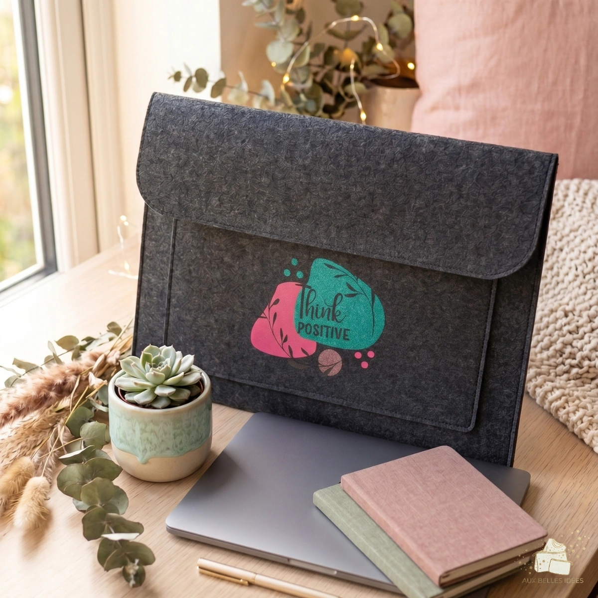 Housse d'ordinateur en feutrine grise avec motif coloré Think Positive posée sur un bureau blanc avec une tasse de café et un stylo doré.