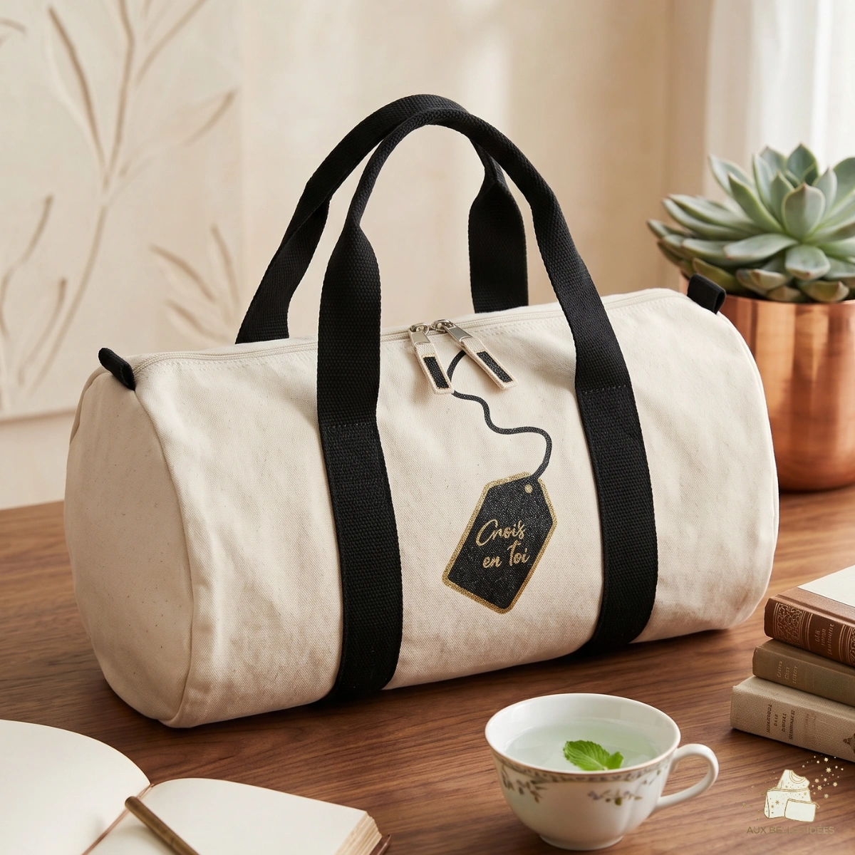 Sac bowling en toile tissée naturelle avec l'inscription Crois en toi, posé dans un environnement doux.