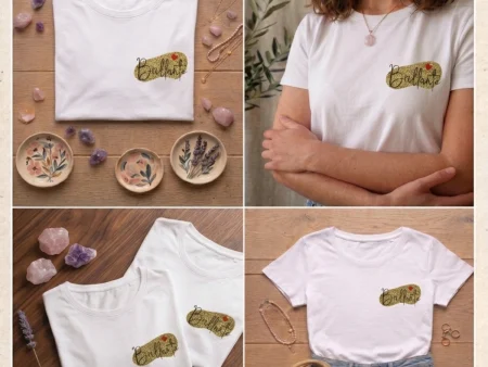 Montage photo t-shirt blanc femme avec inscription Brillante sur forme dorée côté gauche, création Aux Belles Idées.