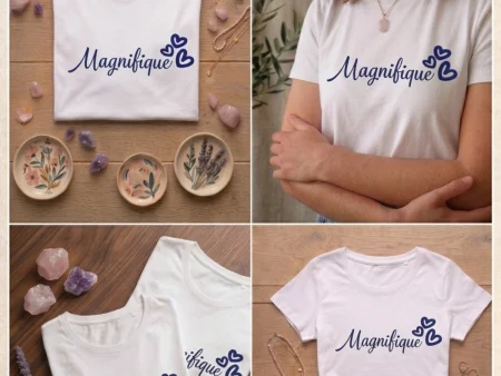 Montage photo t-shirt blanc femme inscription Magnifique avec trois cœurs bleus, style bohème Aux Belles Idées.