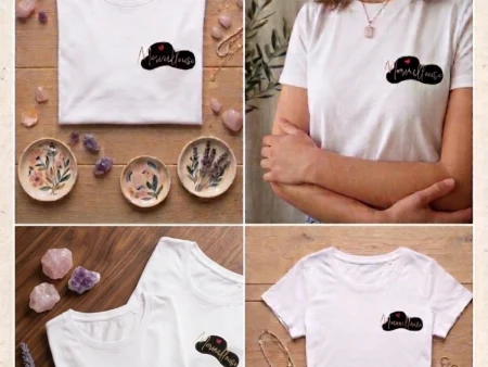 Montage photo t-shirt blanc femme avec inscription Merveilleuse dorée sur forme noire côté gauche, création Aux Belles Idées.