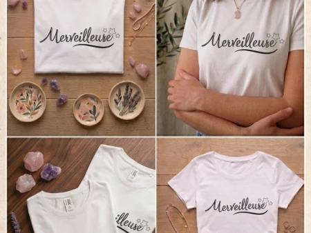 Montage photo t-shirt blanc femme inscription Merveilleuse avec petites étoiles, Aux Belles Idées.