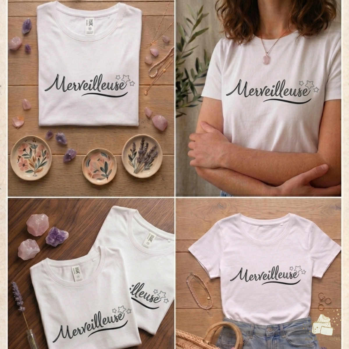 Montage photo t-shirt blanc femme inscription Merveilleuse avec petites étoiles, Aux Belles Idées.